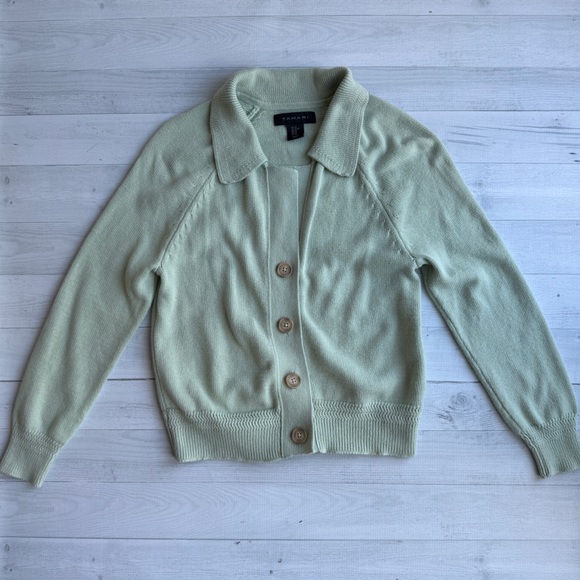 Tahari Sweaters - TAHARI 100% Cotton Mint Green Collared Cardigan Knit Sweater XS